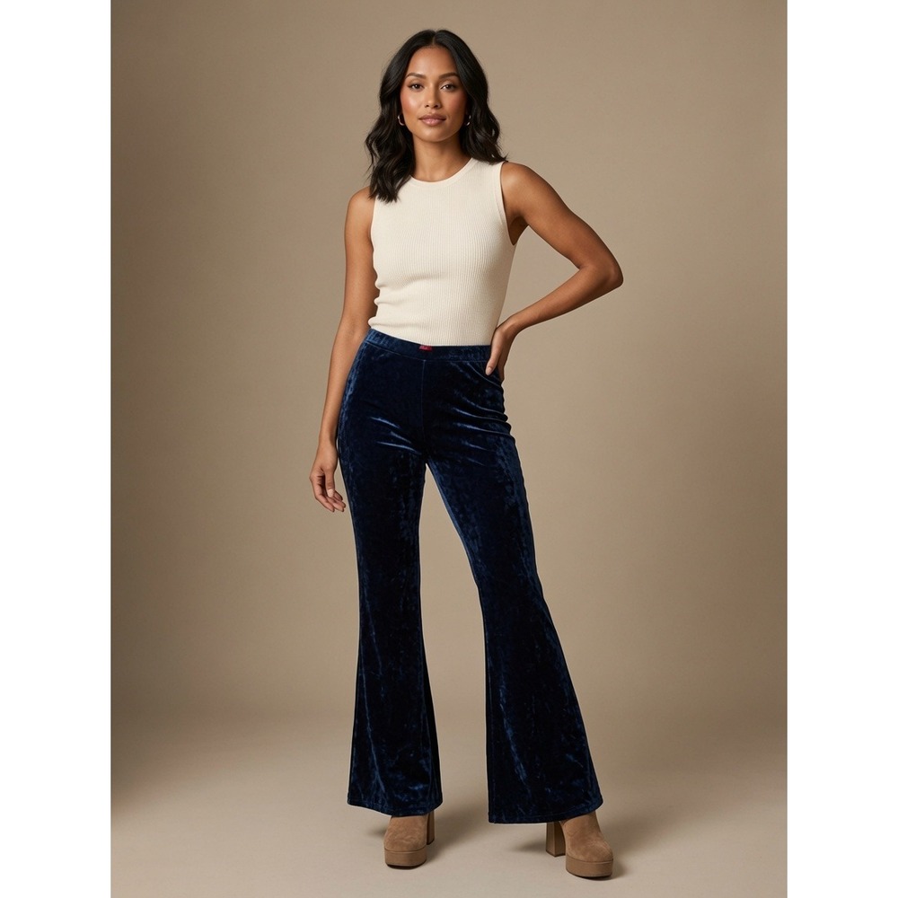 Hot Kiss Womens XL Navy Blue Crushed Velvet Flare Bell Bottom Pants